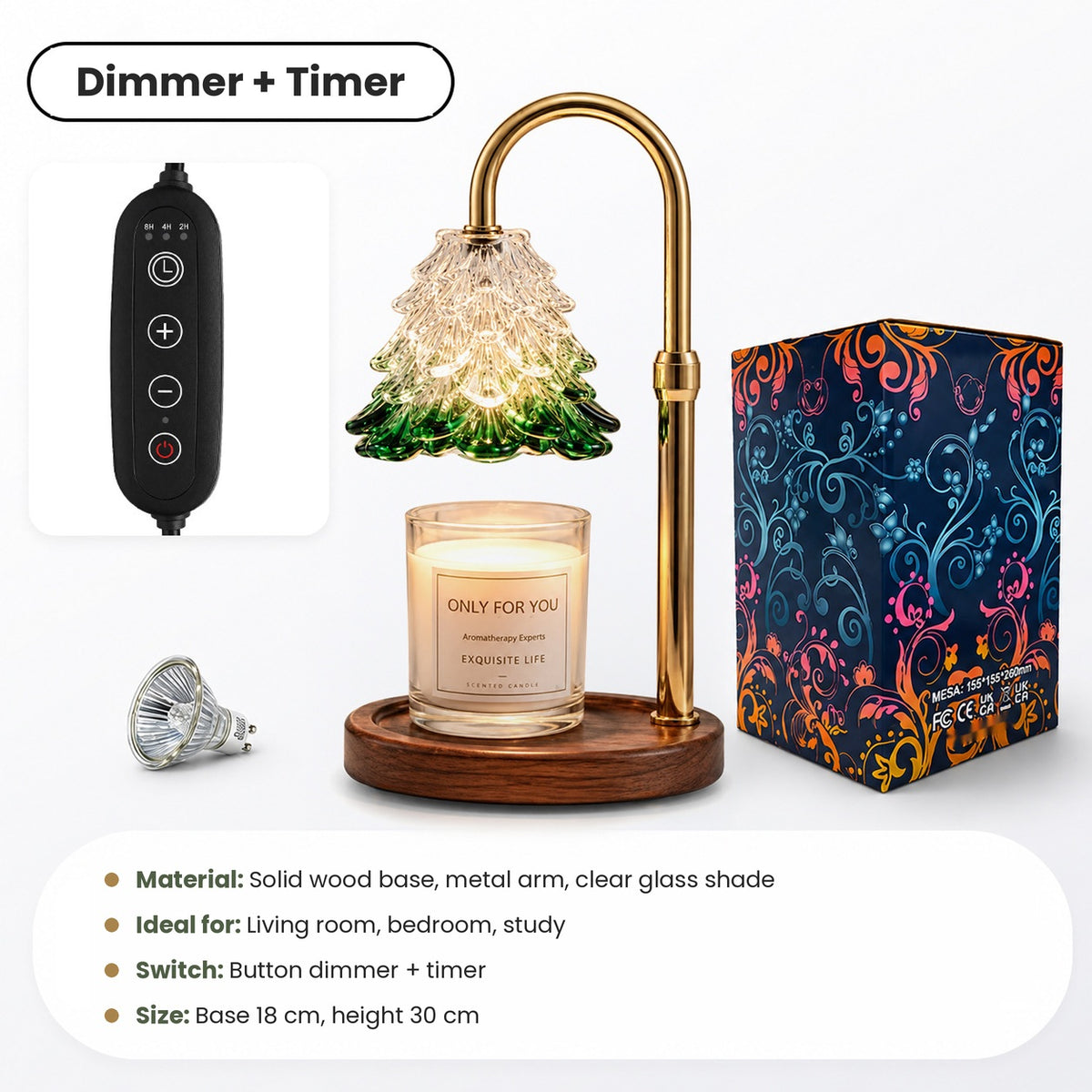 HelloLoved Christmas Tree Candle Warmer Lamp Green Glass Tree Shade, Gold Arm, Walnut Base, Dimmable