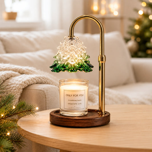 HelloLoved Christmas Tree Candle Warmer Lamp Green Glass Tree Shade, Gold Arm, Walnut Base, Dimmable