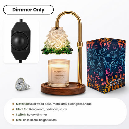 HelloLoved Christmas Tree Candle Warmer Lamp Green Glass Tree Shade, Gold Arm, Walnut Base, Dimmable