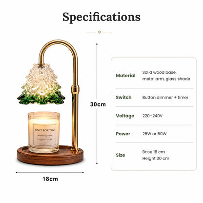 HelloLoved Christmas Tree Candle Warmer Lamp Green Glass Tree Shade, Gold Arm, Walnut Base, Dimmable